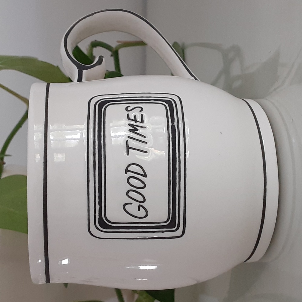 Molly Hatch GOOD TIMES Black on White Cup Mug 14 oz